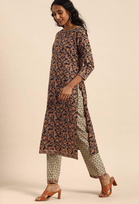 Black Pure Cambric Cotton Printed Unstitched Salwar Suit Material